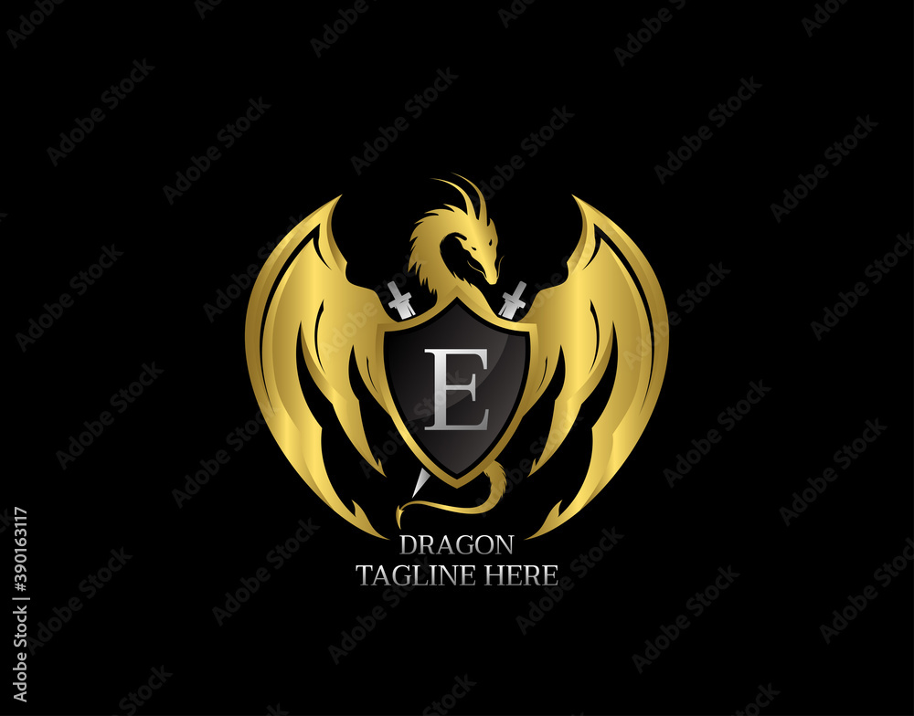 Dragon Emblem With Gold Shield and E Letter Design Logo Template.