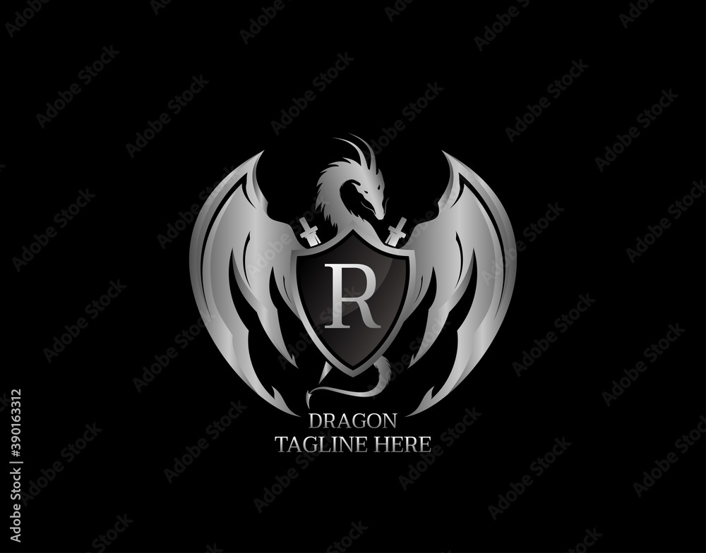 Silver Dragon Shield with R Letter Design Logo Template.