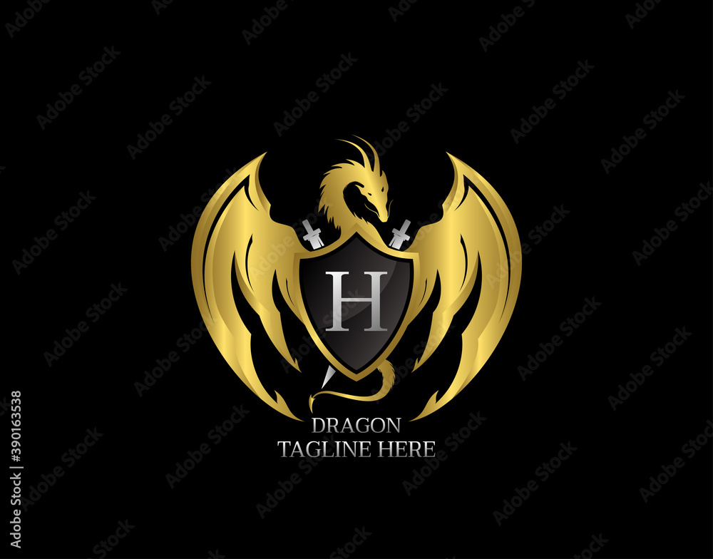 Gold Dragon Shield with H Letter Design Logo Template. Gold Dragon Shield with H Letter Design Logo Template.