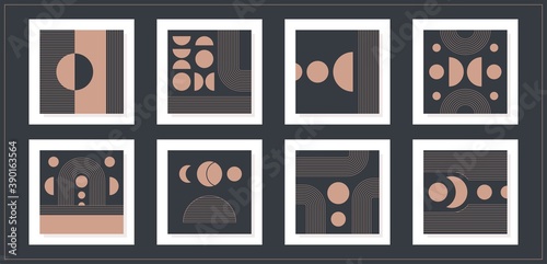 Set of Abstract modern Vector Backgrounds. Circles, Lines, Curves. Geometrical Design. Minimalistic boho elegant concept. Square Patterns. Green and pink colors. Every poster is isolated