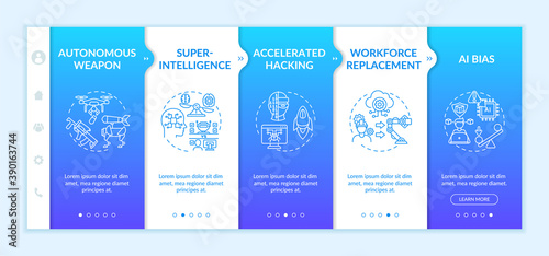 AI threats onboarding vector template. Futuristic computer accelerated hacking. Workforce replacement issue. Responsive mobile website with icons. Webpage walkthrough step screens. RGB color concept