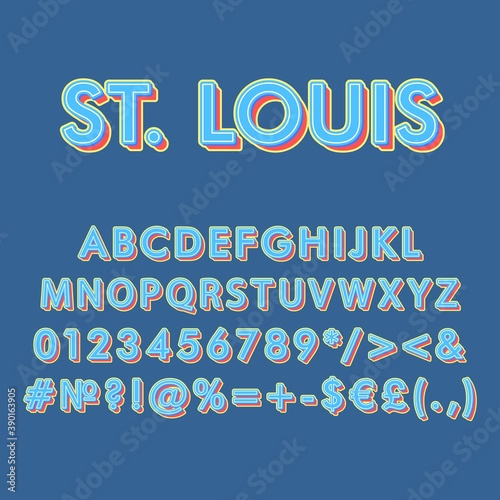 Saint Louis vintage 3d vector alphabet set. Retro bold font, typeface. Pop art stylized lettering. Old school style letters, numbers, symbols pack. 90s, 80s creative typeset design template