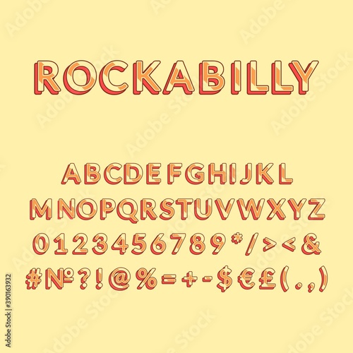 Rockabilly vintage 3d vector alphabet set. Retro bold font, typeface. Pop art stylized lettering. Old school style letters, numbers, symbols pack. 90s, 80s creative typeset design template