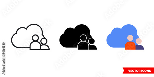 Cloud user icon of 3 types color, black and white, outline. Isolated vector sign symbol.