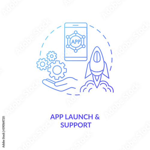 App launch and support concept icon. Mobile app development process. Digital product from starting stage to production idea thin line illustration. Vector isolated outline RGB color drawing