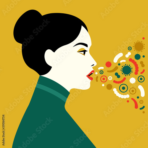 Female character sneezing and coughing. Vector illustration in a flat style