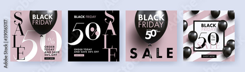 Black Friday Sale. Poster Set in black and pink beige colors with 3d realistic helium balloons and modern typography. 50% off sale. Fashion Template for print, advertising, social and fashion ads.