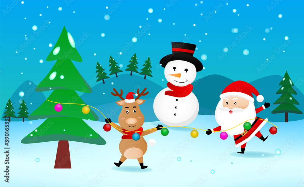 Cheerful Raindeer Santa and snowman with Christmas cute cartoon character of vector illustration