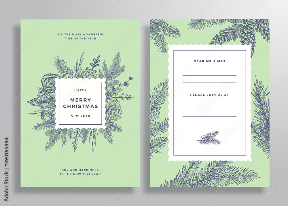 Christmas Abstract Vector Square Frame Greeting Card, Poster or Background. Back and Front Invitation Design Layout with Classy Typography. Sketch Pine Branches, Holly, Mistletoe and Flowers. Isolated
