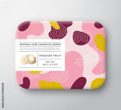 Fruits Bath Cosmetics Box. Vector Wrapped Paper Container with Care Label Cover. Packaging Design. Modern Typography and Hand Drawn Passion Fruit. Abstract Camo Background Pattern Layout. Isolated
