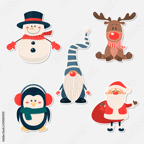 Vector Christmas Cute Characters and Animals Patches or Stickers Set. Santa Claus, Snowman, Reindeer, Gnome, Penguin in Cartoon Flat Style. Design Template for Merry Christmas and Happy New Year Card