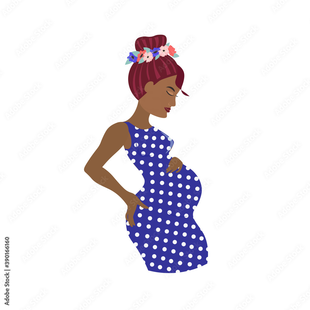 Pregnant swarthy woman wearing floral wreath and polka-dot dress. Vector illustration. Pregnant swarthy woman wearing floral wreath and polka-dot dress. Vector illustration.