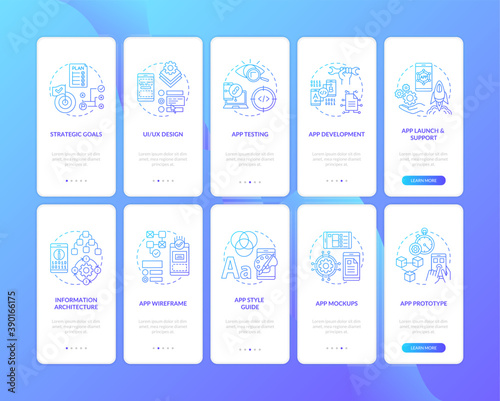 Mobile app development onboarding mobile app page screen with concepts set. App design mockups walkthrough 10 steps graphic instructions. UI vector template with RGB color illustrations