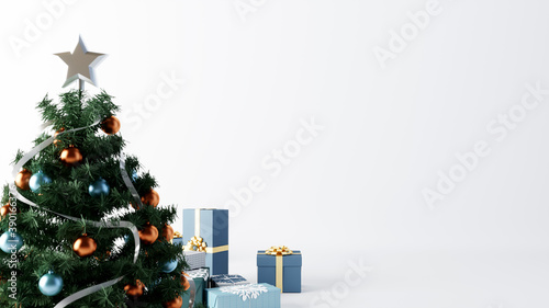 close up of a decorated christmas tree and gift boxes on white background, 3D illustration concept