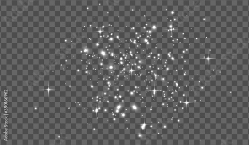 Vector illustration. Glitters on a transparent background. Christmas theme. White sparks and stars sparkle with a special light effect. Glittering particles of fairy dust fall to the floor.