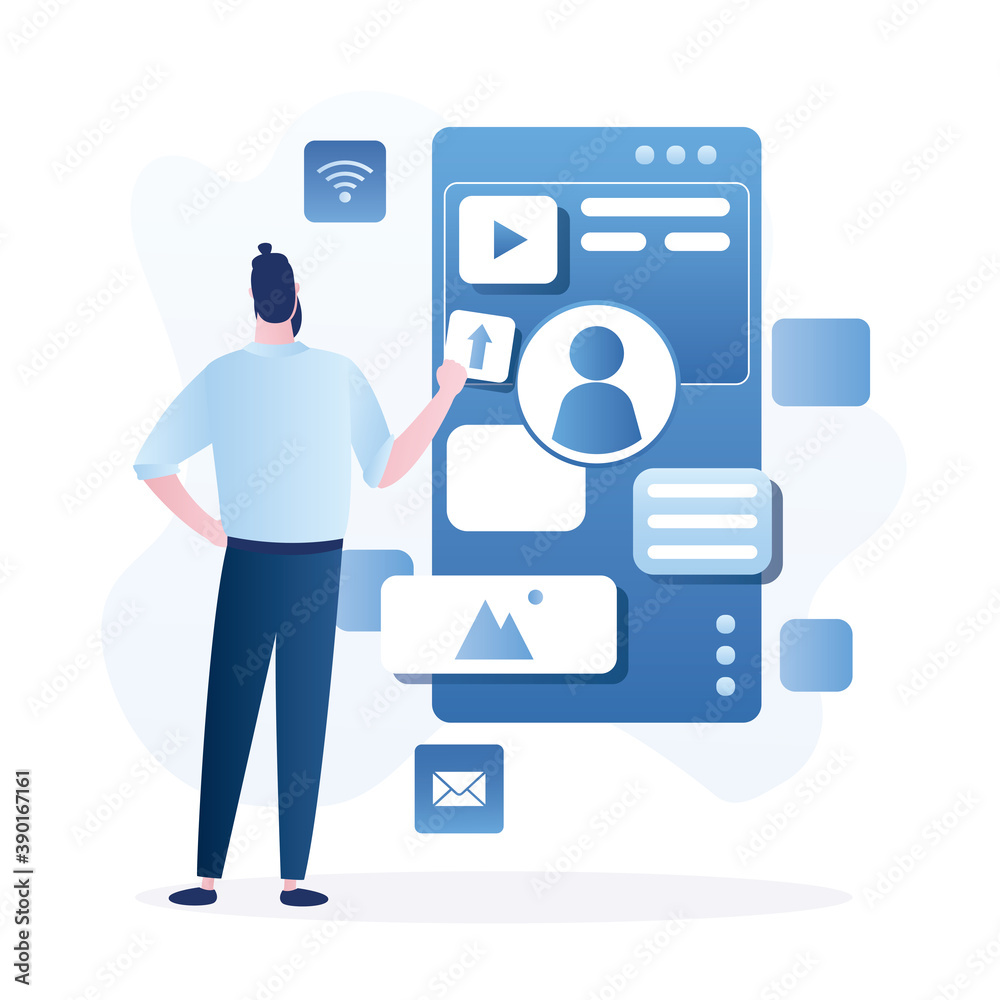 UI designer or programmer creates structure of information blocks in application. Coding and software app development