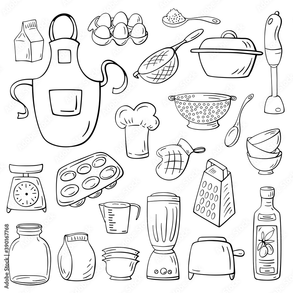 Fototapeta Set of hand-drawn kitchen supplies. Doodle cooking utensils set. Cartoon kitchenware.