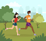 Young afro american man and woman in a medical mask jogging in the park. Vector flat style illustration.