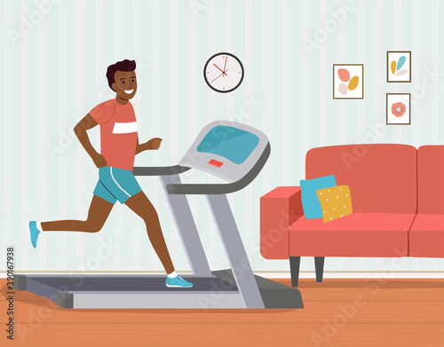 Afro american man running on treadmill in the living room. Vector flat cartoon style  illustration.