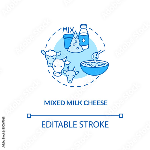 Mixed milk cheese turquoise concept icon. Organic farm food with lactose. Goat milk product. Dairy industry idea thin line illustration. Vector isolated outline RGB color drawing. Editable stroke
