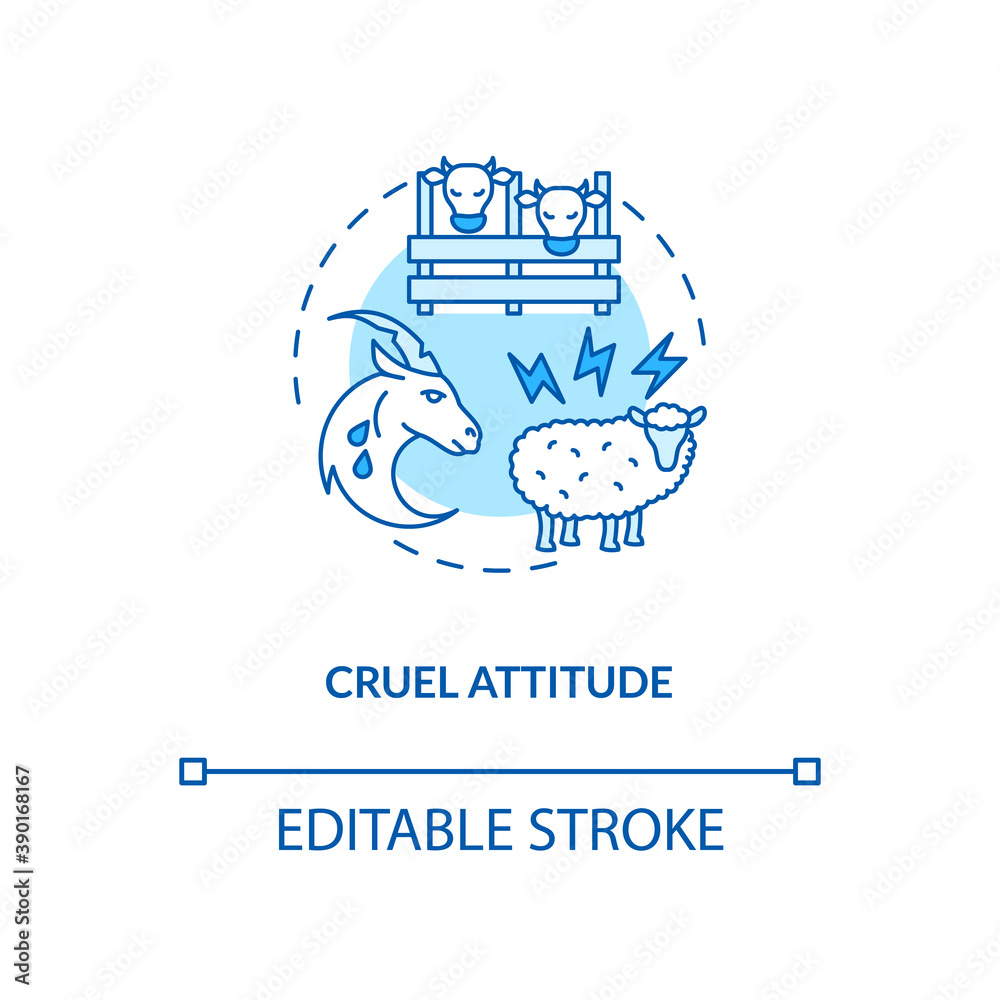 Cruel attitude turquoise concept icon. Livestock abuse. Harm farm cattle. Agriculture production. Dairy industry idea thin line illustration. Vector isolated outline RGB color drawing. Editable stroke Cruel attitude turquoise concept icon. Livestock abuse. Harm farm cattle. Agriculture production. Dairy industry idea thin line illustration. Vector isolated outline RGB color drawing. Editable stroke