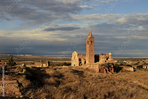 Shot of ruins of Belchite old town in Spain photo