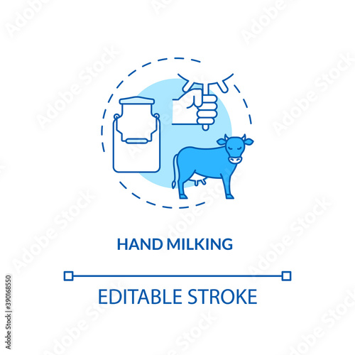 Hand milking turquoise concept icon. Manual squeeze cow udder. Lactose farm product. Dairy industry production idea thin line illustration. Vector isolated outline RGB color drawing. Editable stroke