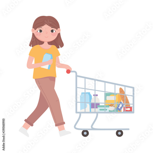 daily routine scene, woman with milk box in hand and shopping cart of market