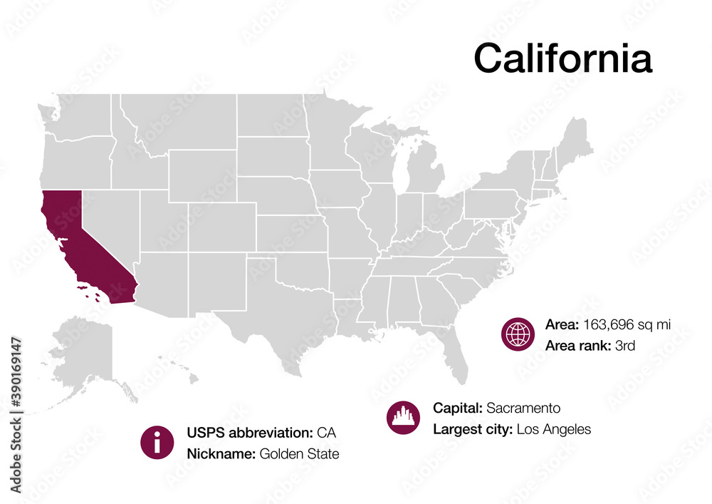 Map of  California state with political demographic information and biggest cities