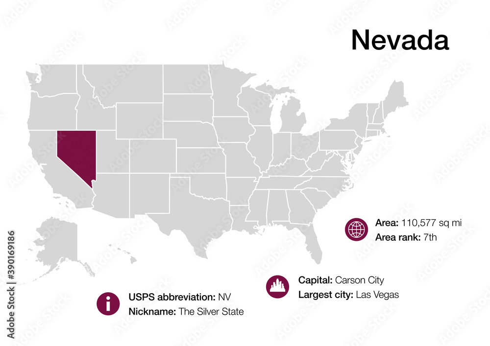 Map of Nevada state with political demographic information and biggest cities