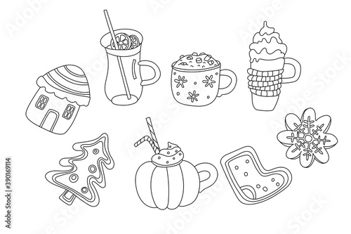 Set with Christmas drinks and sweets in doodle sketch style. Cute gingerbread  mulled wine  mugs of cappuccino or cocoa. Hand drawn vector illustration isolated on white. Black outline. Cozy winter.