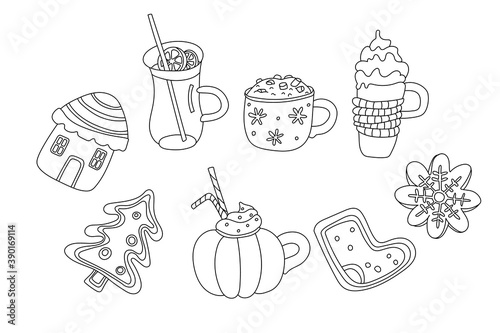 Set with Christmas drinks and sweets in doodle sketch style. Cute gingerbread, mulled wine, mugs of cappuccino or cocoa. Hand drawn vector illustration isolated on white. Black outline. Cozy winter.