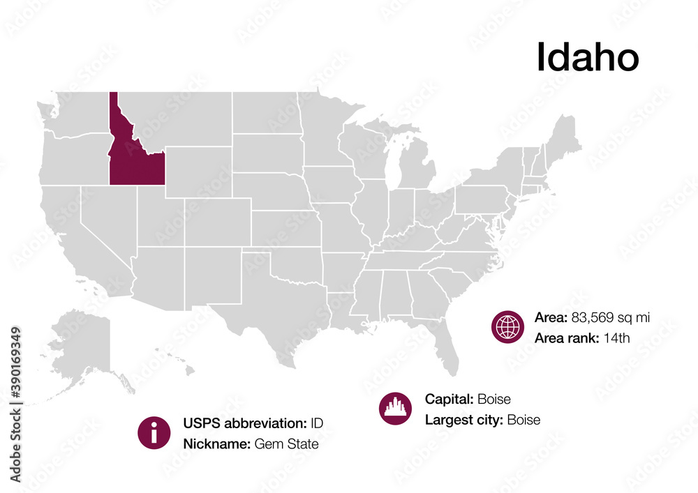 Obraz premium Map of Idaho state with political demographic information and biggest cities