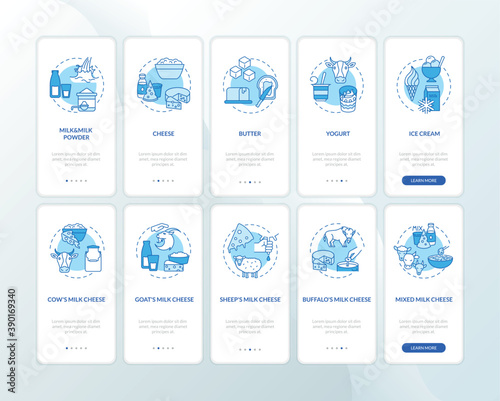 Dairy industry blue onboarding mobile app page screen with concepts set. Cheese production walkthrough 5 steps graphic instructions. UI vector template with RGB color illustrations pack