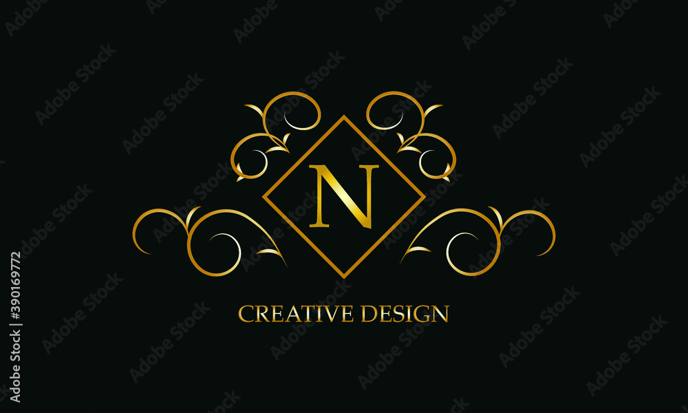 Logo design with monogram element and letter N on dark background. Gold ornament for restaurant, club, boutique, cafe, hotel, business cards.
