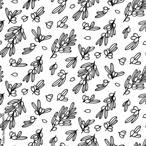 Seamless pattern with sea buckthorn berry and leaves. Graphic hand drawn engraving style. Doodle illustration for packaging, menu cards, posters, prints.