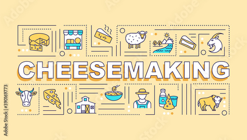 Cheesemaking word concepts banner. Liquid milk conversion. Farmhouse cheese. Infographics with linear icons on yellow background. Isolated typography. Vector outline RGB color illustration