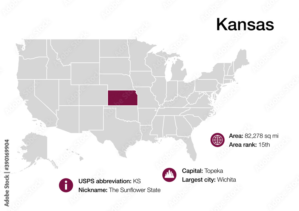 Map of Kansas state with political demographic information and biggest cities