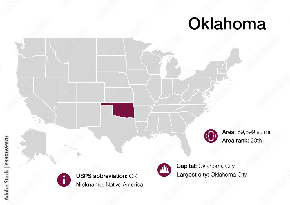 Map of Oklahoma state with political demographic information and biggest cities