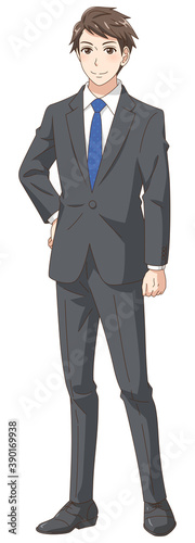 笑顔で立ちポーズをとるスーツの若い男性

