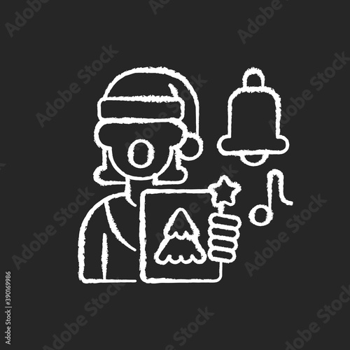 Singing carols chalk white icon on black background. Festive song. Christmas celebration. New Year performance. Winter season holiday concert. Isolated vector chalkboard illustration