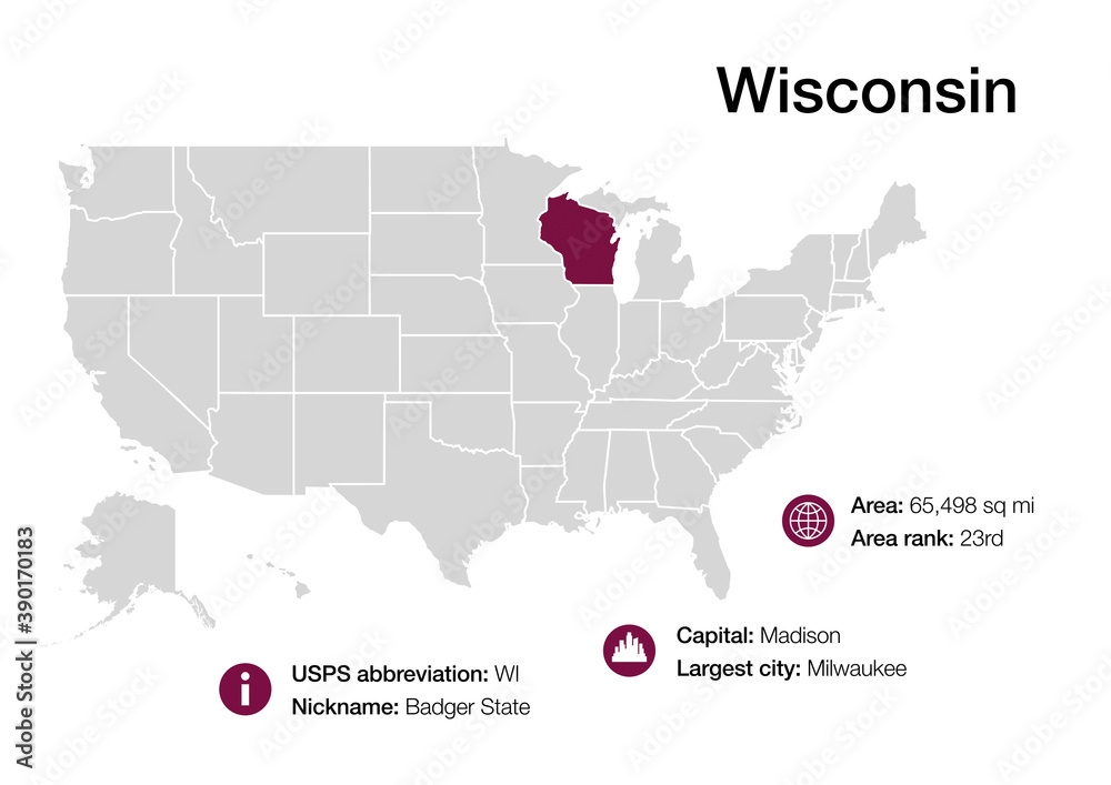 Fototapeta premium Map of Wisconsin state with political demographic information and biggest cities