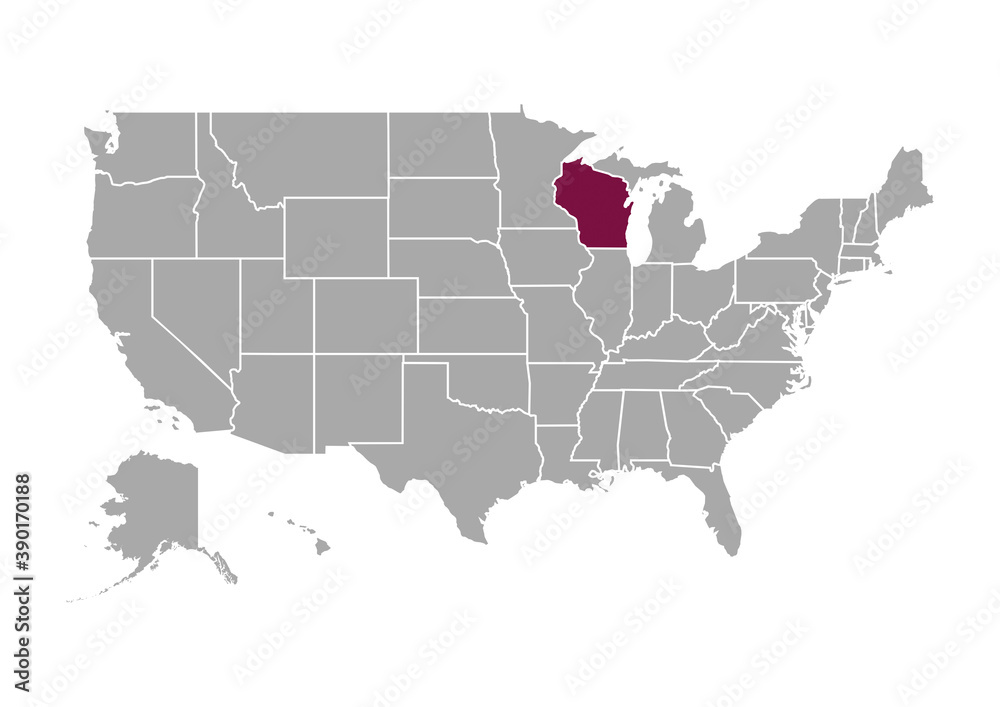Map of Wisconsin state and position in the United States
