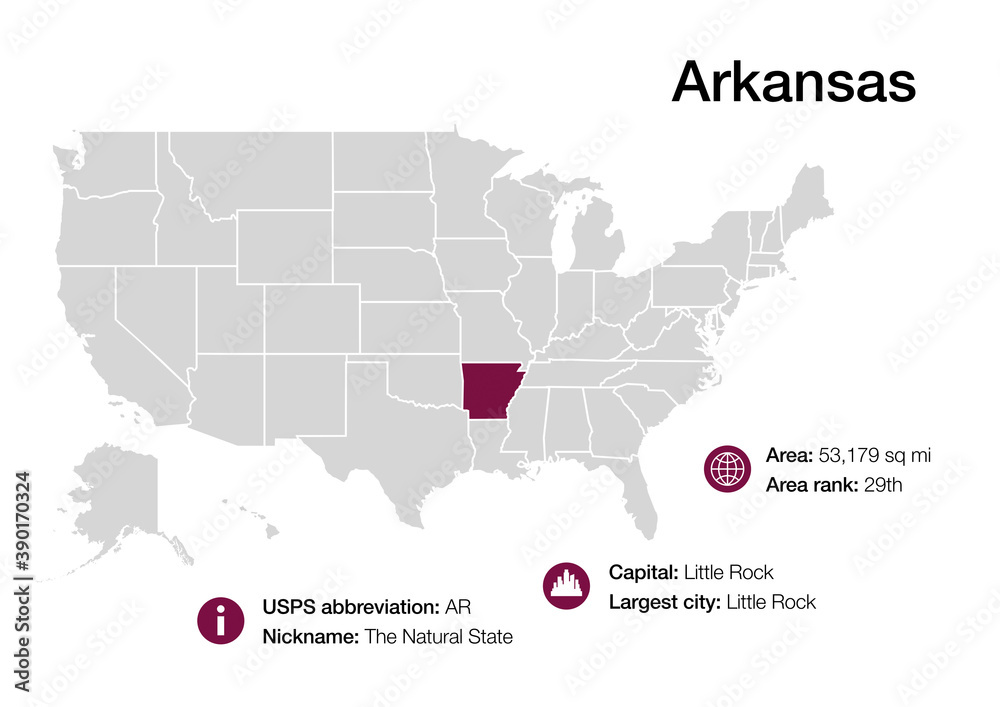 Map of Arkansas state with political demographic information and biggest cities