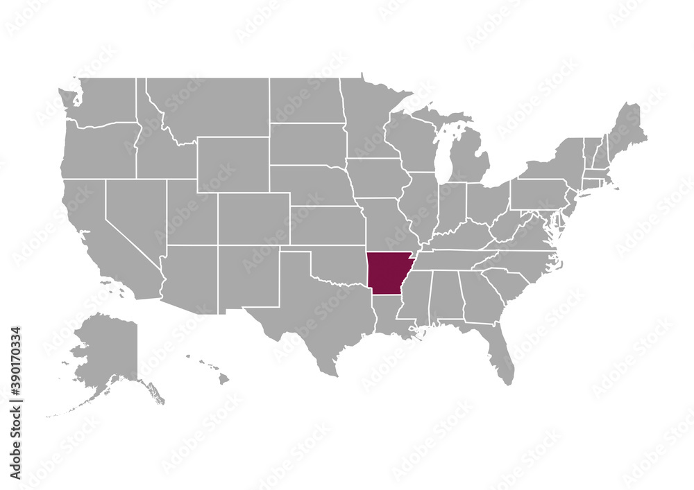 Map of Arkansas state and position in the United States
