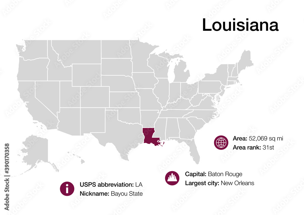 Map of Louisiana state with political demographic information and biggest cities
