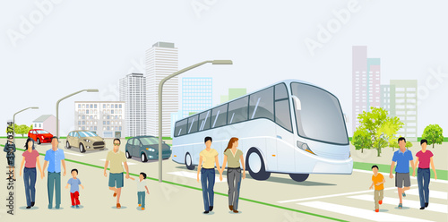 Stadt mit Straßenverkehr, Hochhäuser, Wohnhäuser und Fußgänger auf den Bürgersteig, Illustration