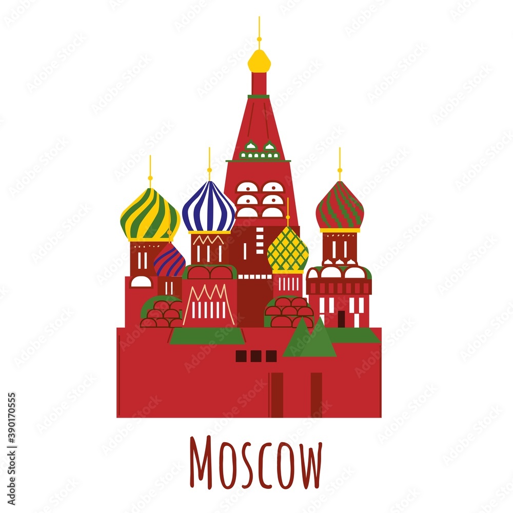 Flat style St Basil s Church, symbol of Moscow. Famous Russian cathedral. Landmark icon for travelers. Vector illustration isolated on white background