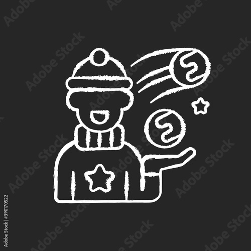 Snowball fight chalk white icon on black background. Winter recreation. Kids playing. Snow ball children game. Festive season entertainment. Christmas time. Isolated vector chalkboard illustration