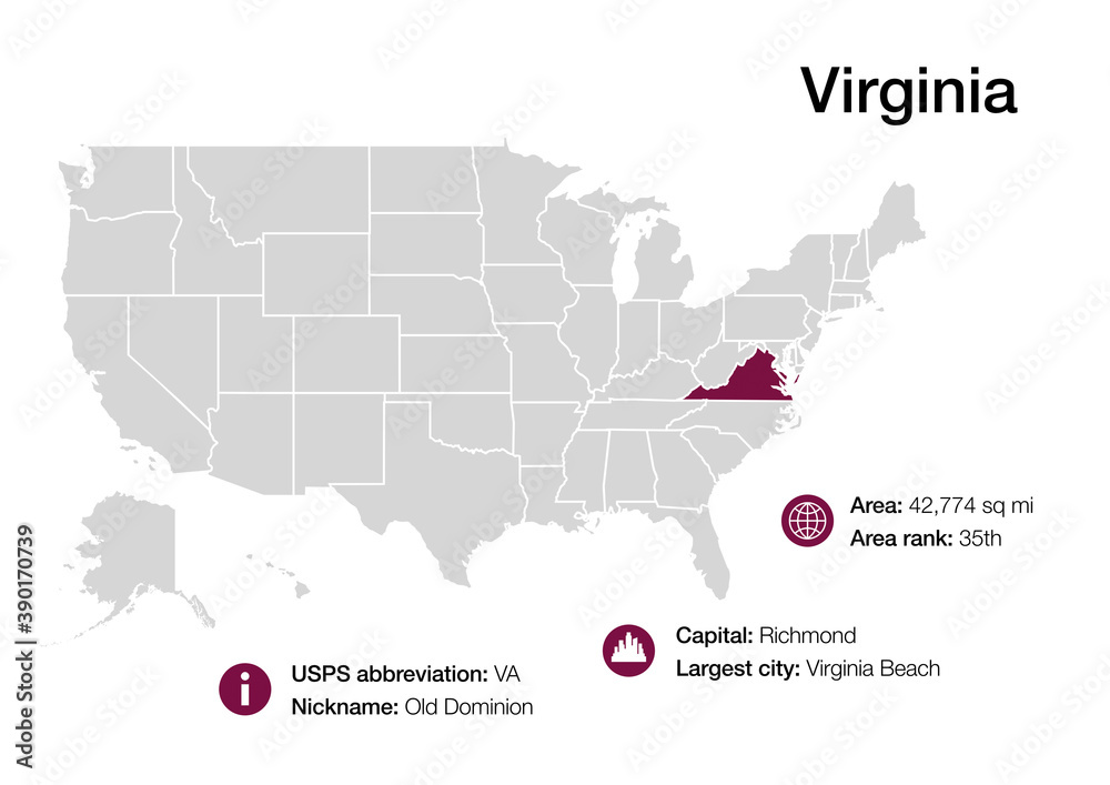 Map of Virginia state with political demographic information and biggest cities